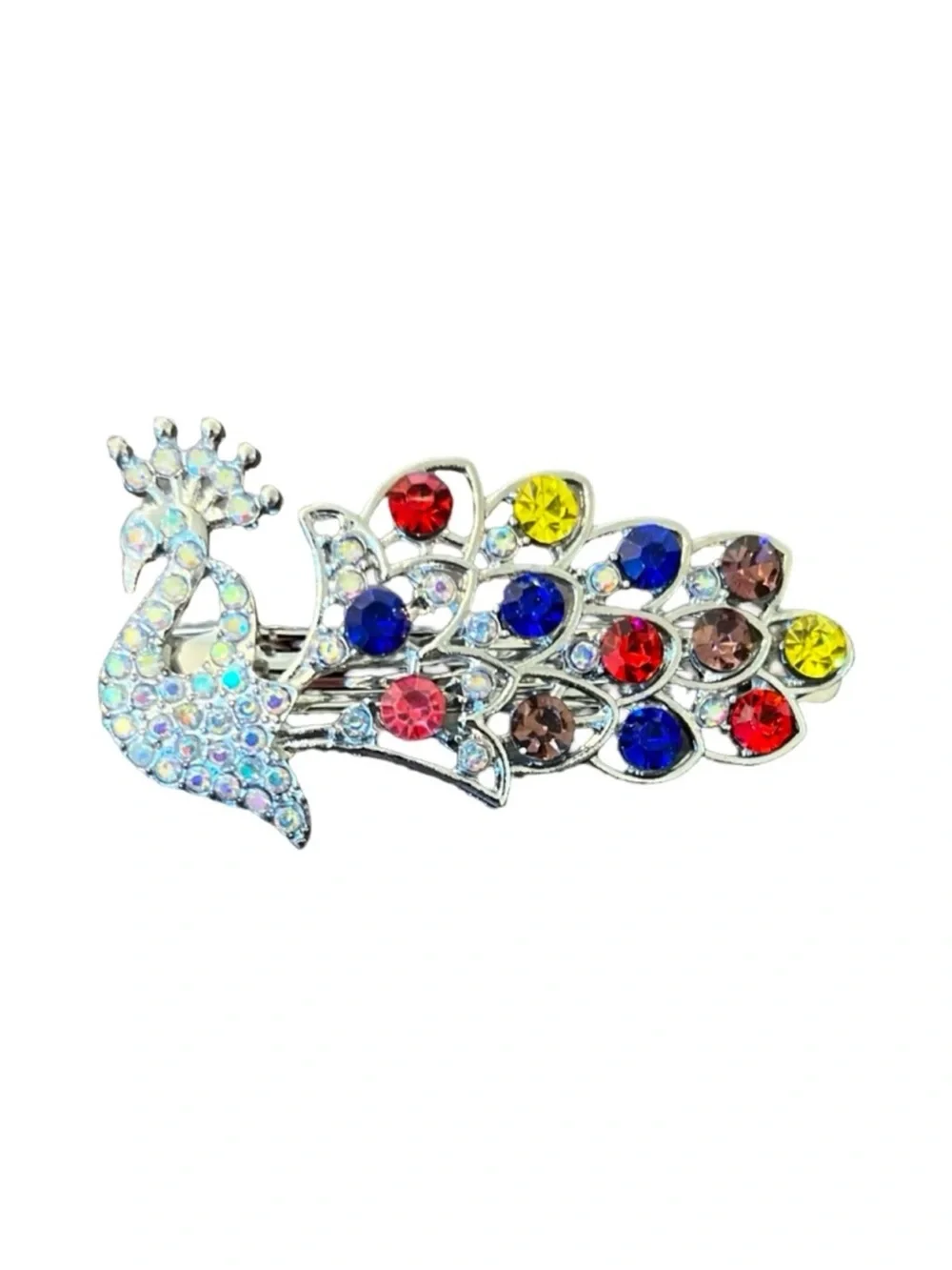 Multicolor Silver Peacock With Iridescent Crystal Hair Clip 2.5”FINAL PRICE DROP